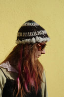 Handmade Wool Fluffy Beanie Trim Black Turquoise White Sprinkled Cream – S