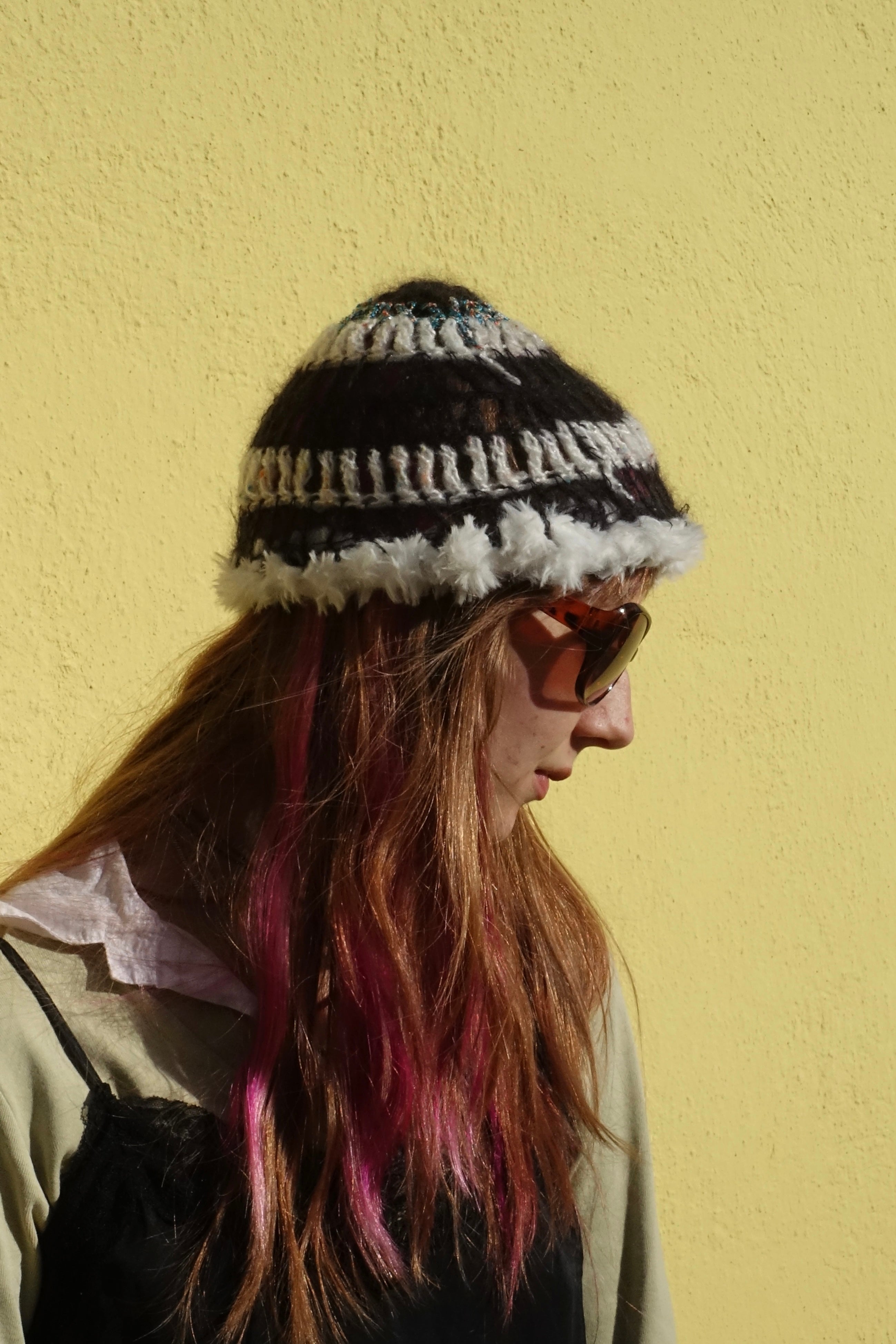 Handmade Wool Fluffy Beanie Trim Black Turquoise White Sprinkled Cream – S