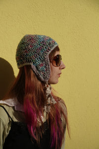 Handmade Merino Wool Hunting Cap Earflaps Turquoise Light Grey Magenta – S/M