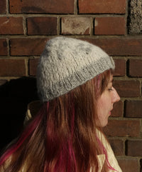 Handmade Wool Knit Beanie Snowscape White Grey Ribbed – S/M
