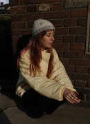 Handmade Wool Knit Beanie Snowscape White Grey Ribbed – S/M