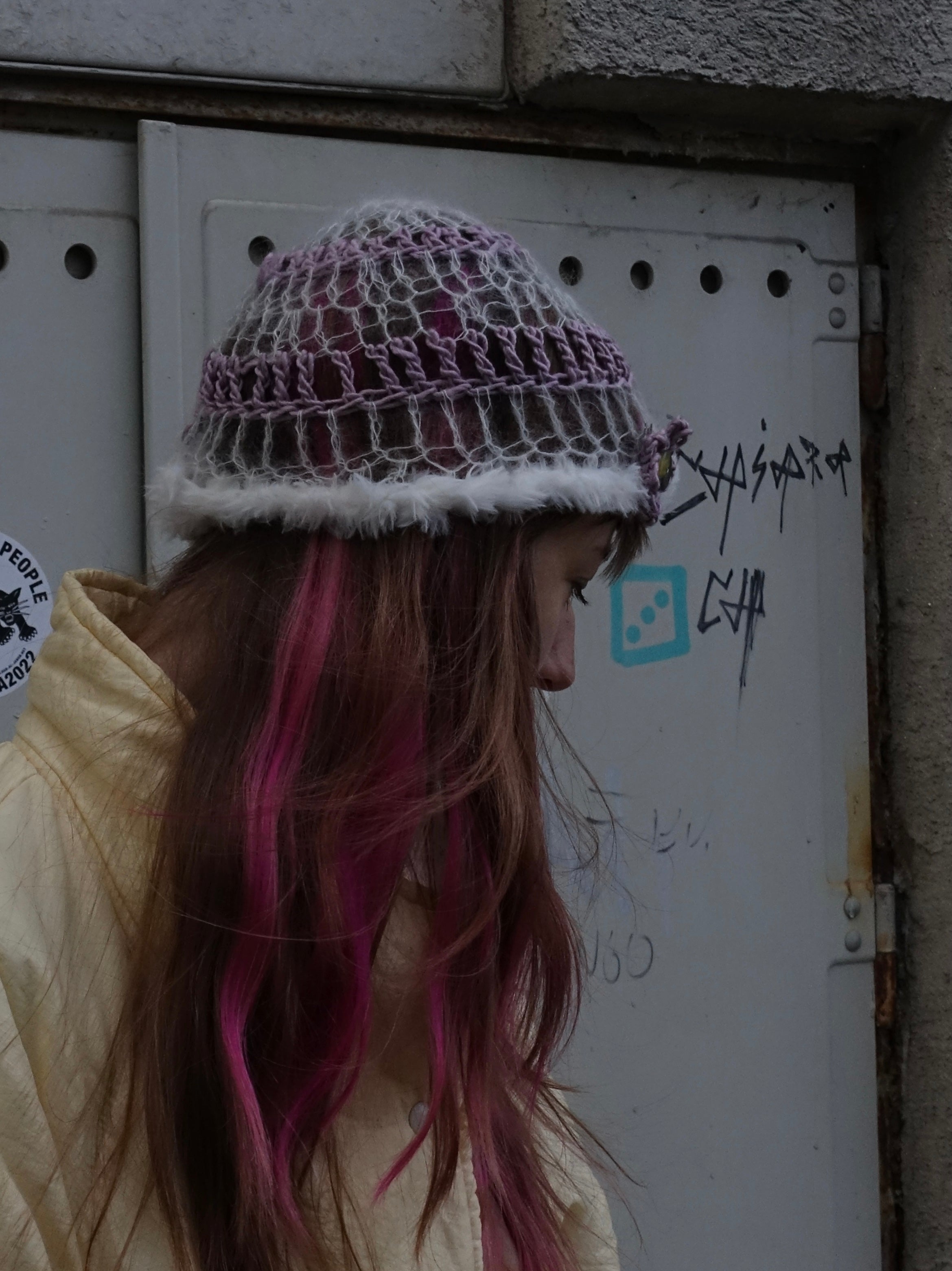 Handmade Mohair Merino Silk Fluffy Beanie Pink White Mesh – S/M