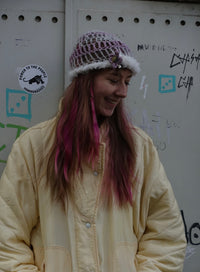 Handmade Mohair Merino Silk Fluffy Beanie Pink White Mesh – S/M