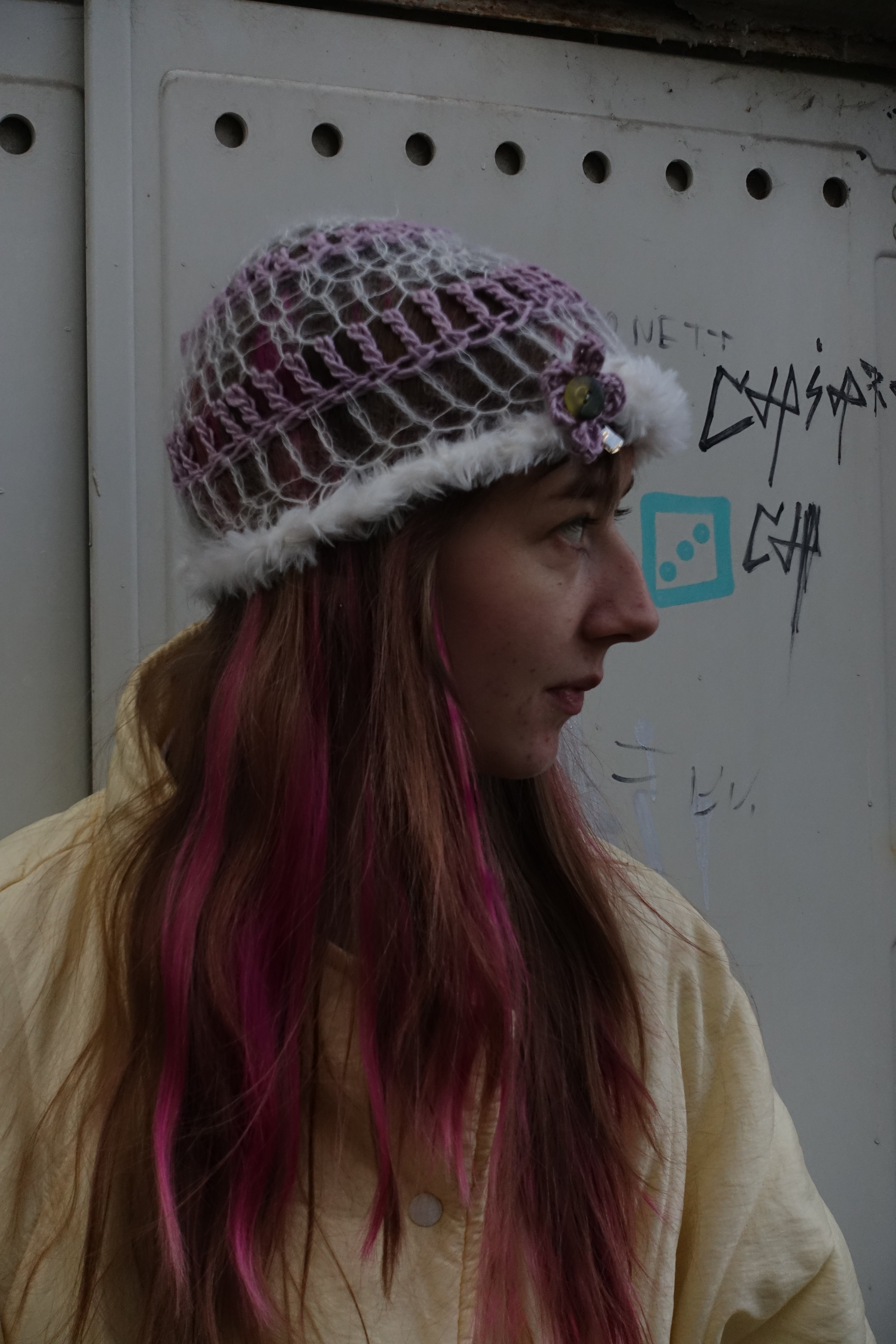 Handmade Mohair Merino Silk Fluffy Beanie Pink White Mesh – S/M