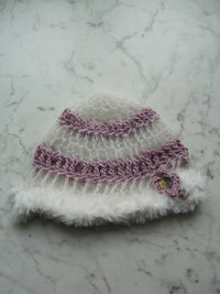 Handmade Mohair Merino Silk Fluffy Beanie Pink White Mesh – S/M