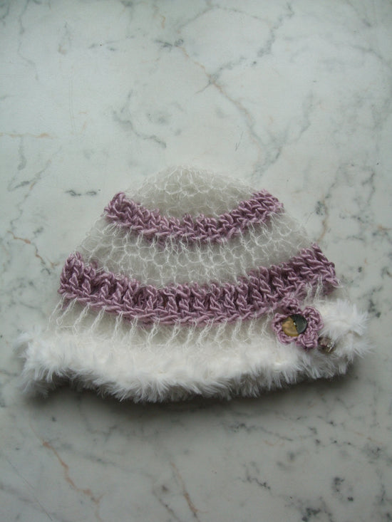 Handmade Mohair Merino Silk Fluffy Beanie Pink White Mesh – S/M