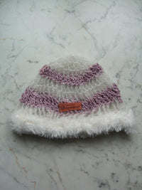 Handmade Mohair Merino Silk Fluffy Beanie Pink White Mesh – S/M
