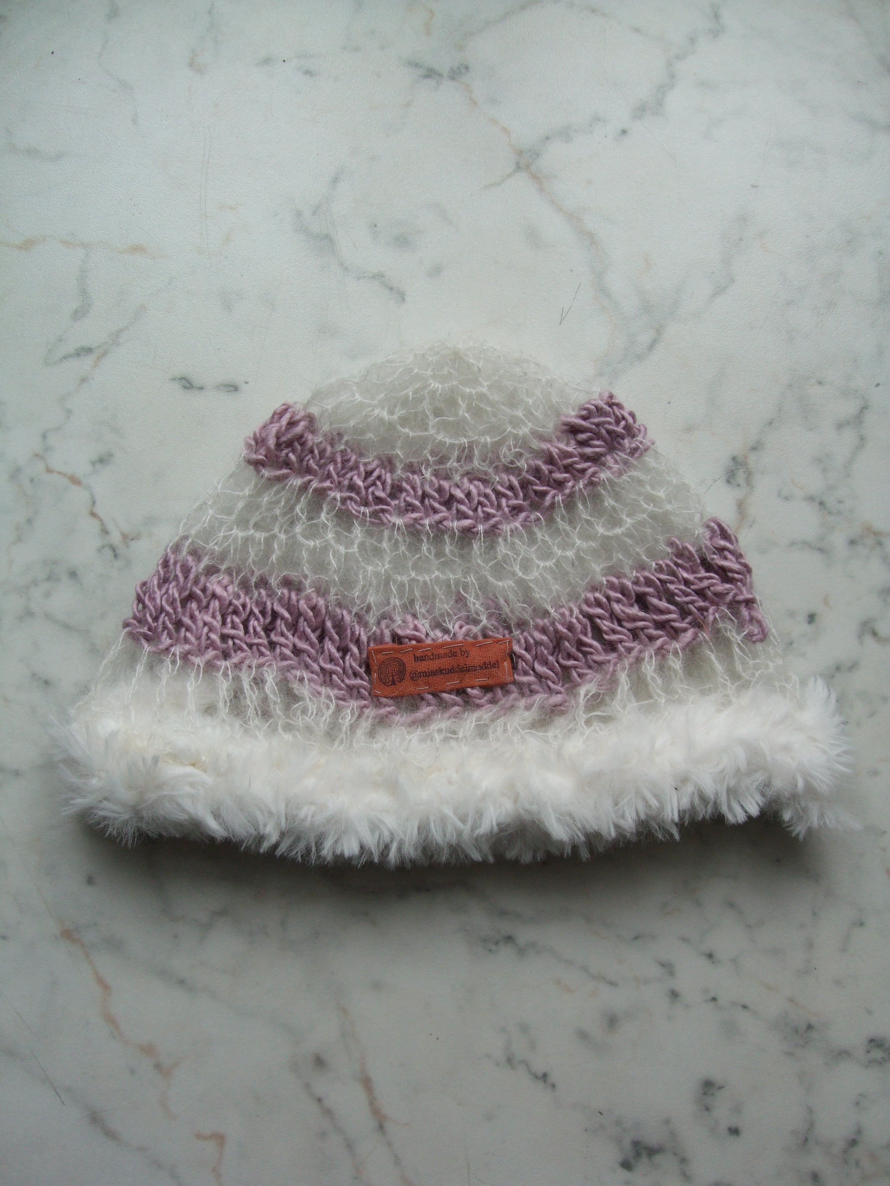 Handmade Mohair Merino Silk Fluffy Beanie Pink White Mesh – S/M