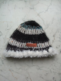 Handmade Wool Fluffy Beanie Trim Black Turquoise White Sprinkled Cream – S