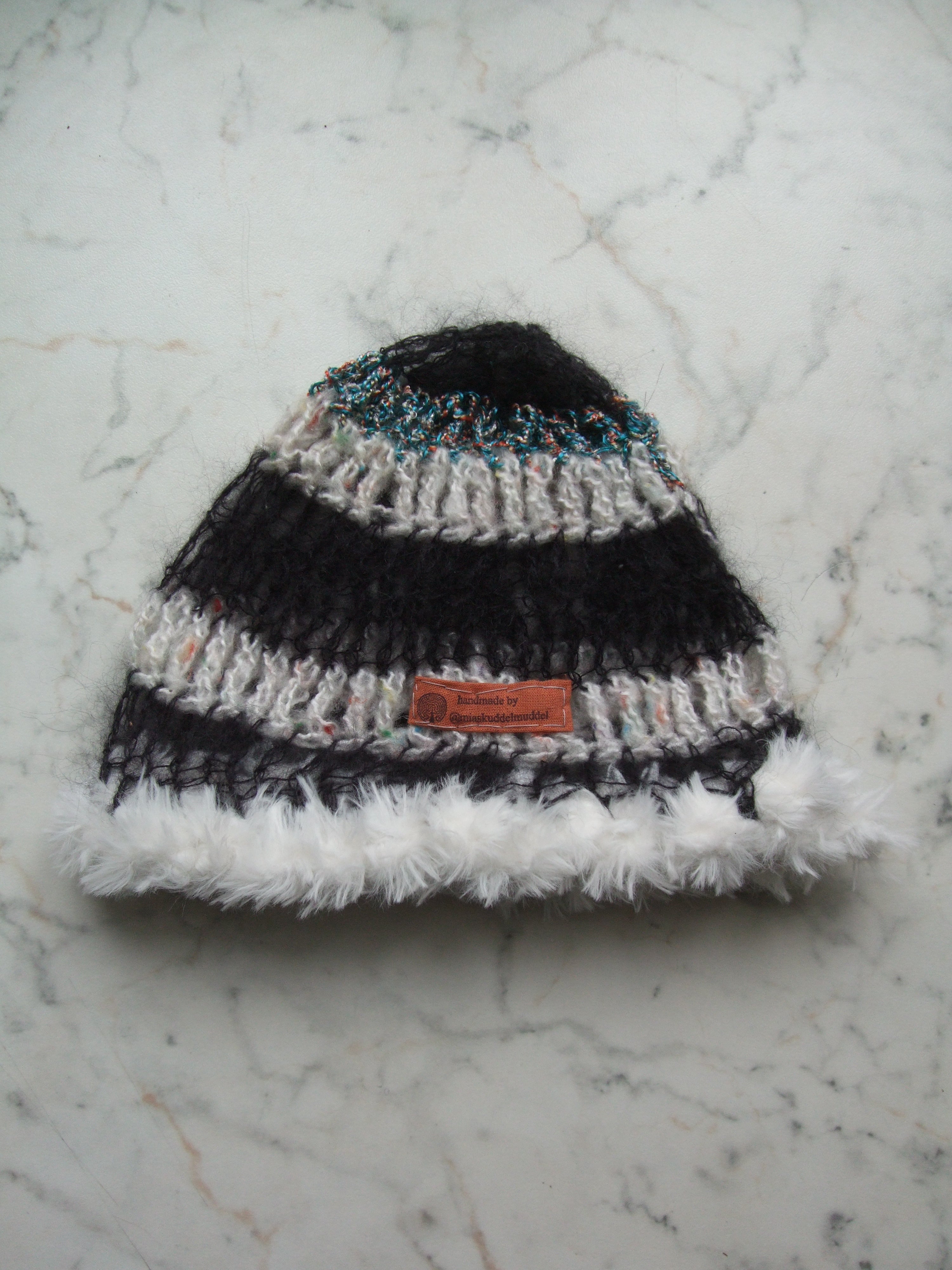 Handmade Wool Fluffy Beanie Trim Black Turquoise White Sprinkled Cream – S