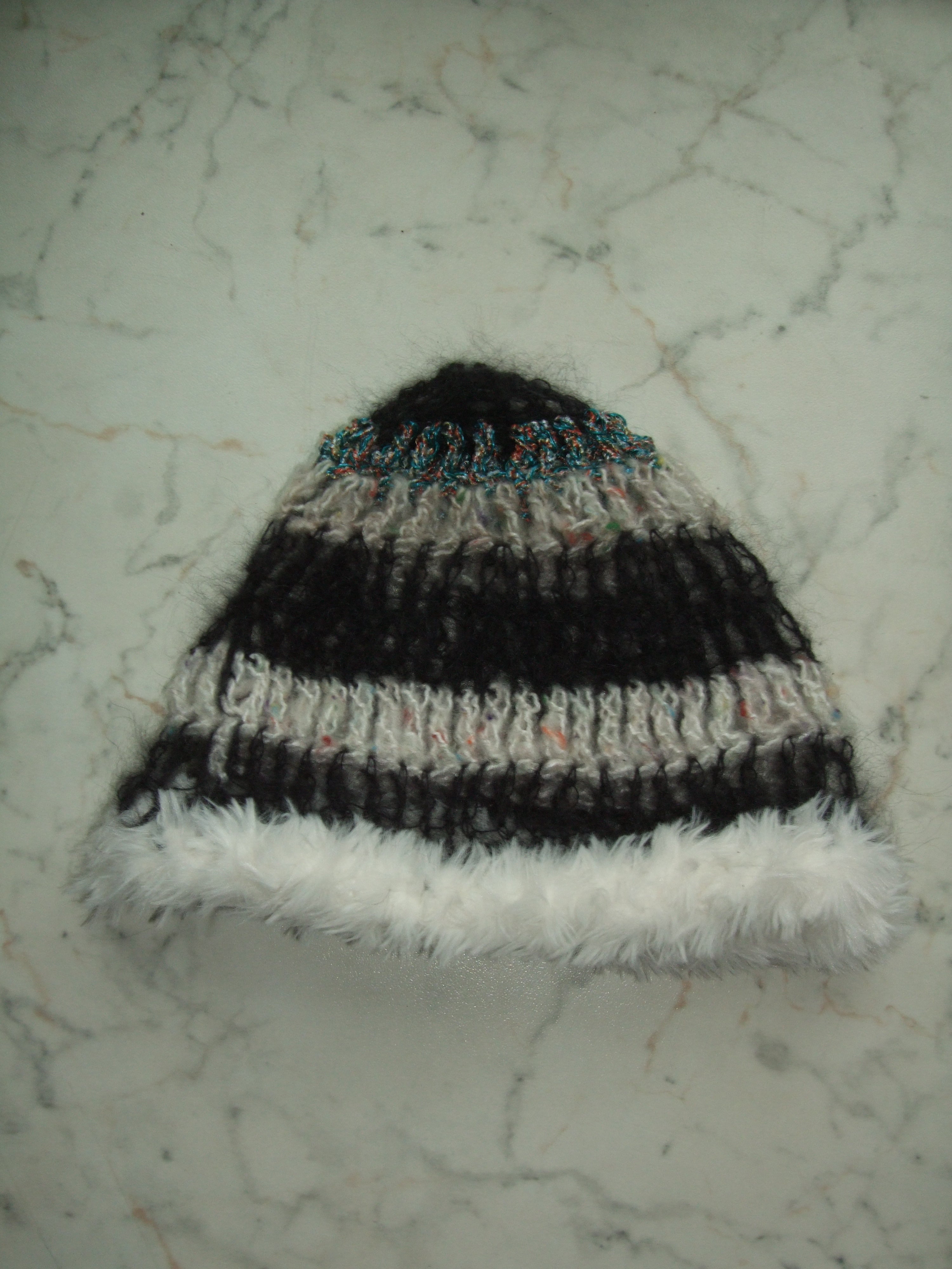 Handmade Wool Fluffy Beanie Trim Black Turquoise White Sprinkled Cream – S