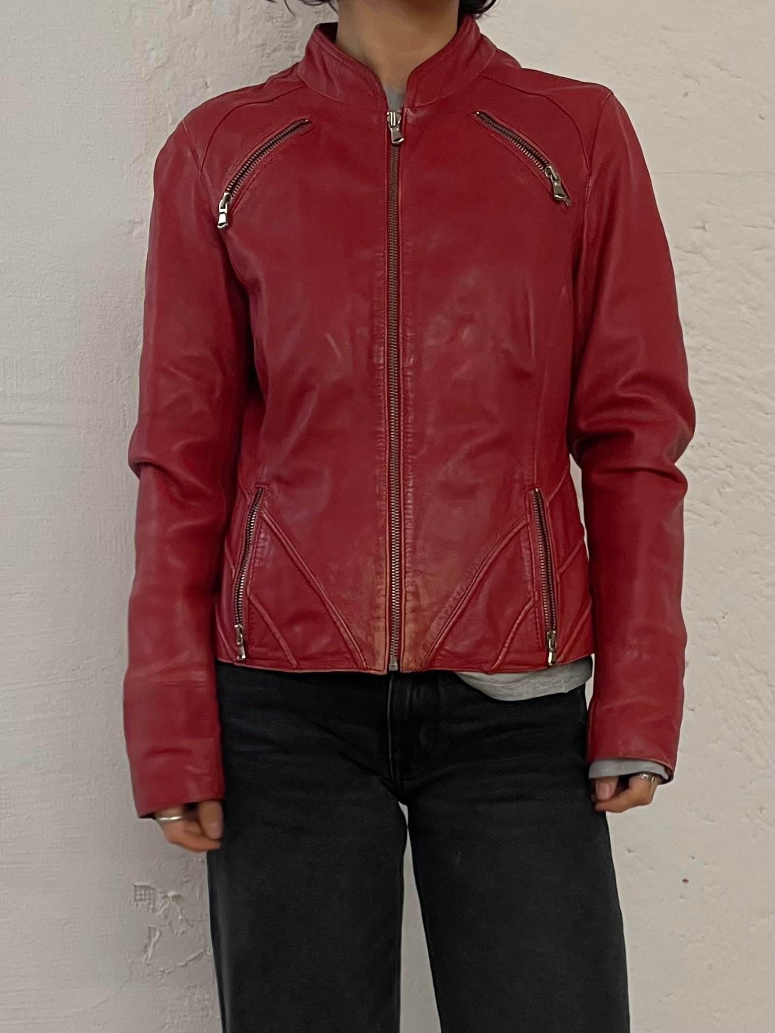 Vintage Arma Leather Biker Jacket Fitted Red Beautiful Patterns – S