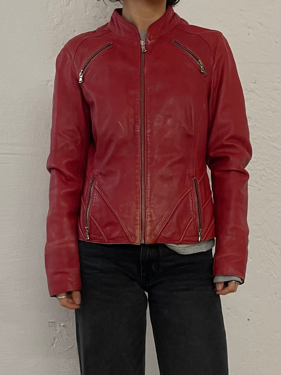 Vintage Arma Leather Biker Jacket Fitted Red Beautiful Patterns – S
