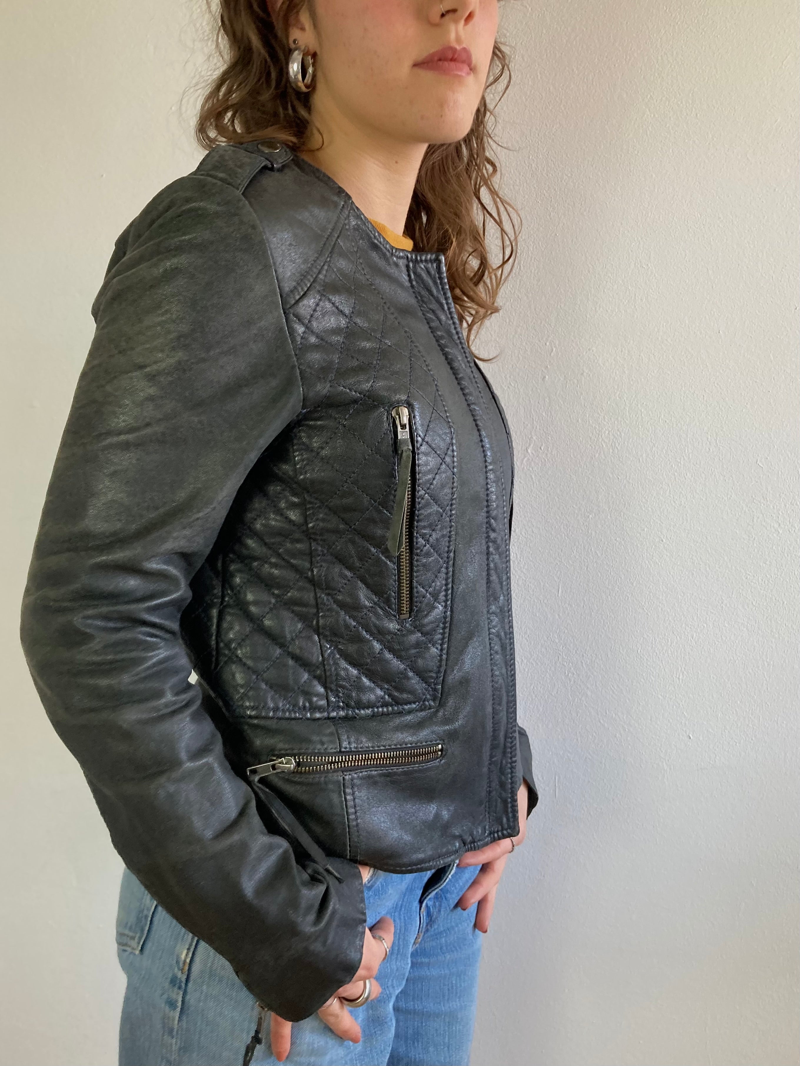 Leather Jacket Vintage Black Genuine Lamb Leather Slim Fit Women – S