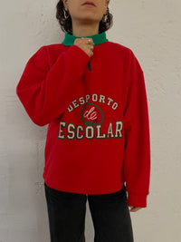 Vintage Fleece Zip Sweater Front Embroidery Red Green – M
