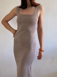 Dress Vintage Brown Cream Bodycon Stretch Spaghetti Straps Summer – M/L