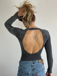 Vintage Glitter Bodysuit Silver Backless Long Sleeve Polyester – S