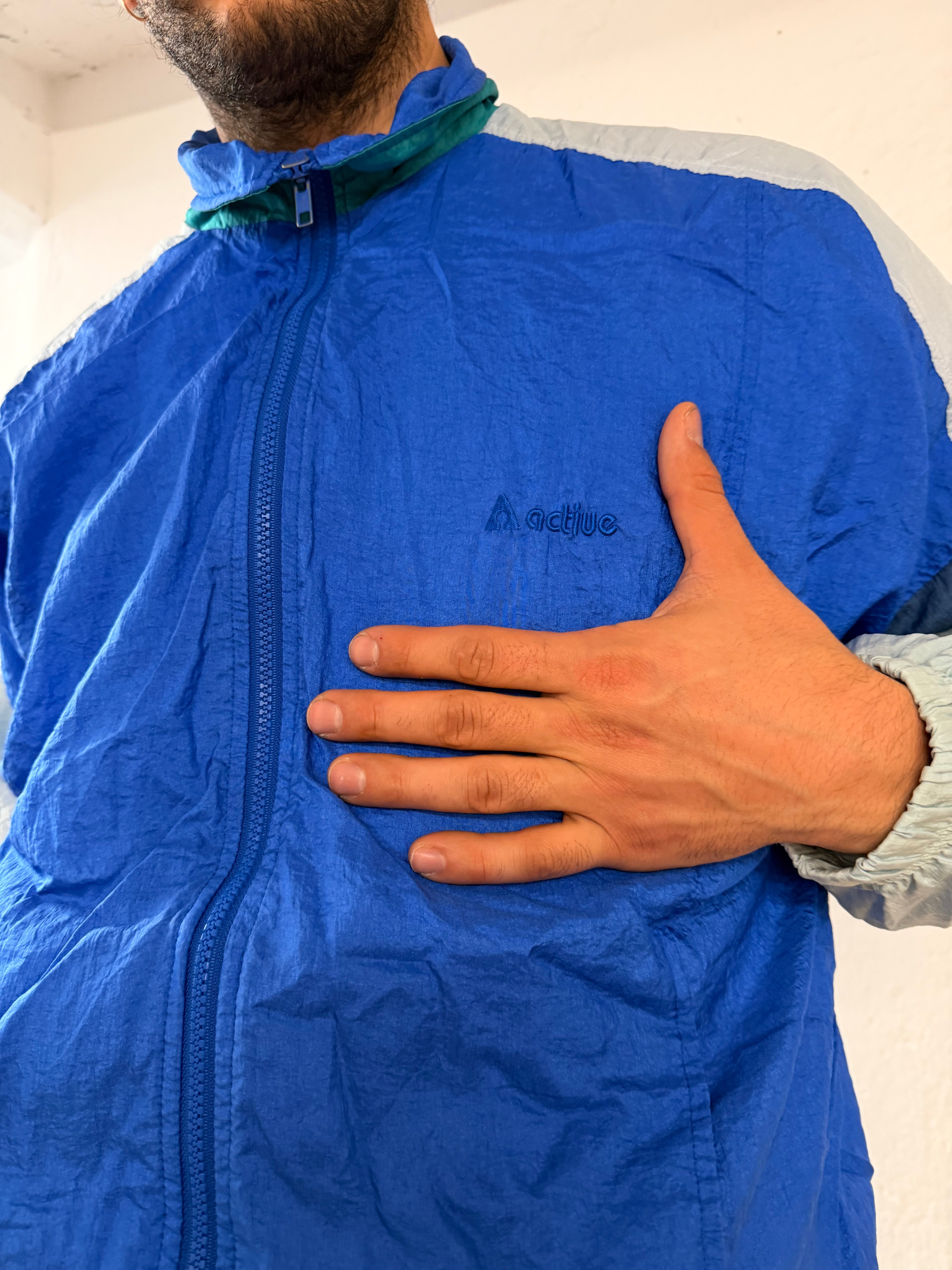 Vintage Track Jacket Blue White & Turquoise Polyester Unisex – L