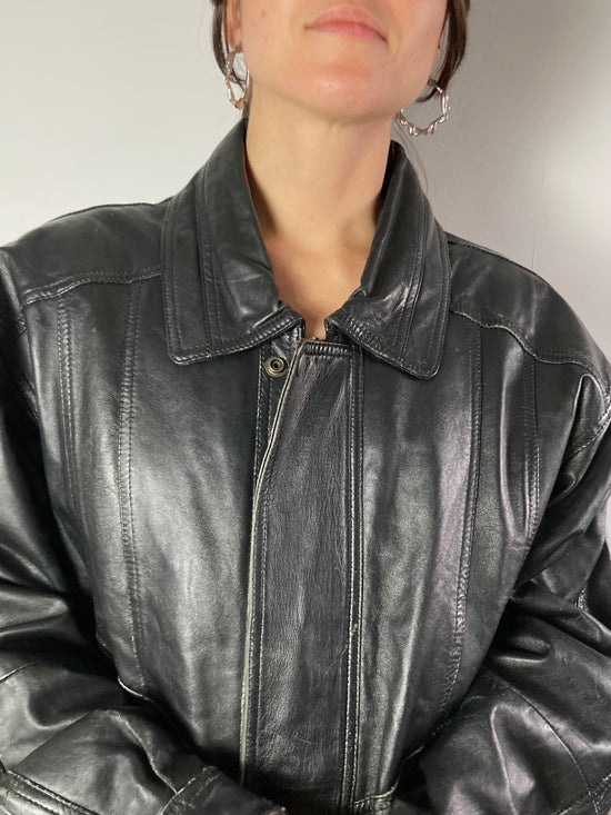Jacket Vintage Oversized Leather Jacket Amedee Black Genuine Leather Unisex – L