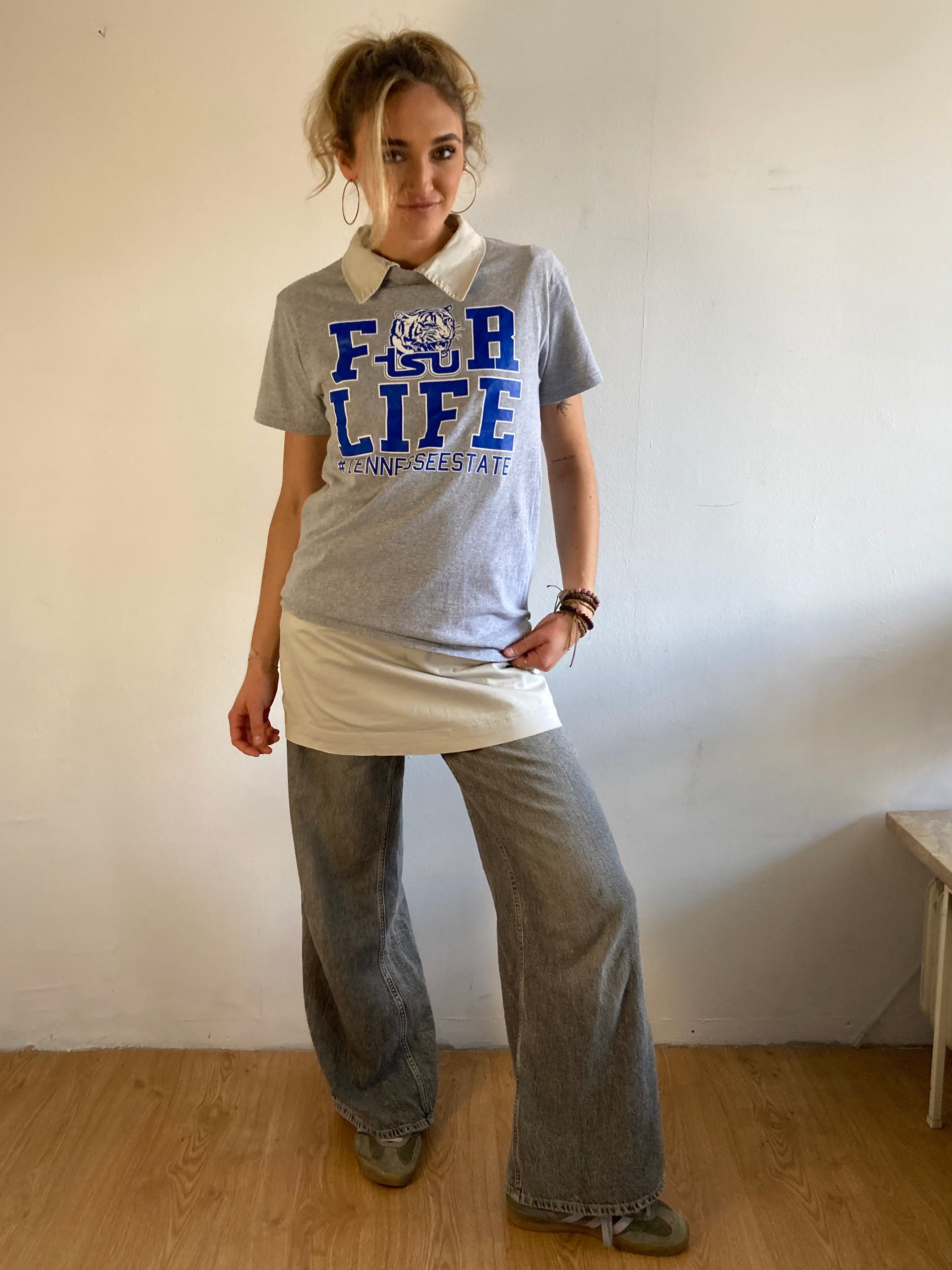 T-Shirt Vintage University Logo Front Print Grey Blue – M