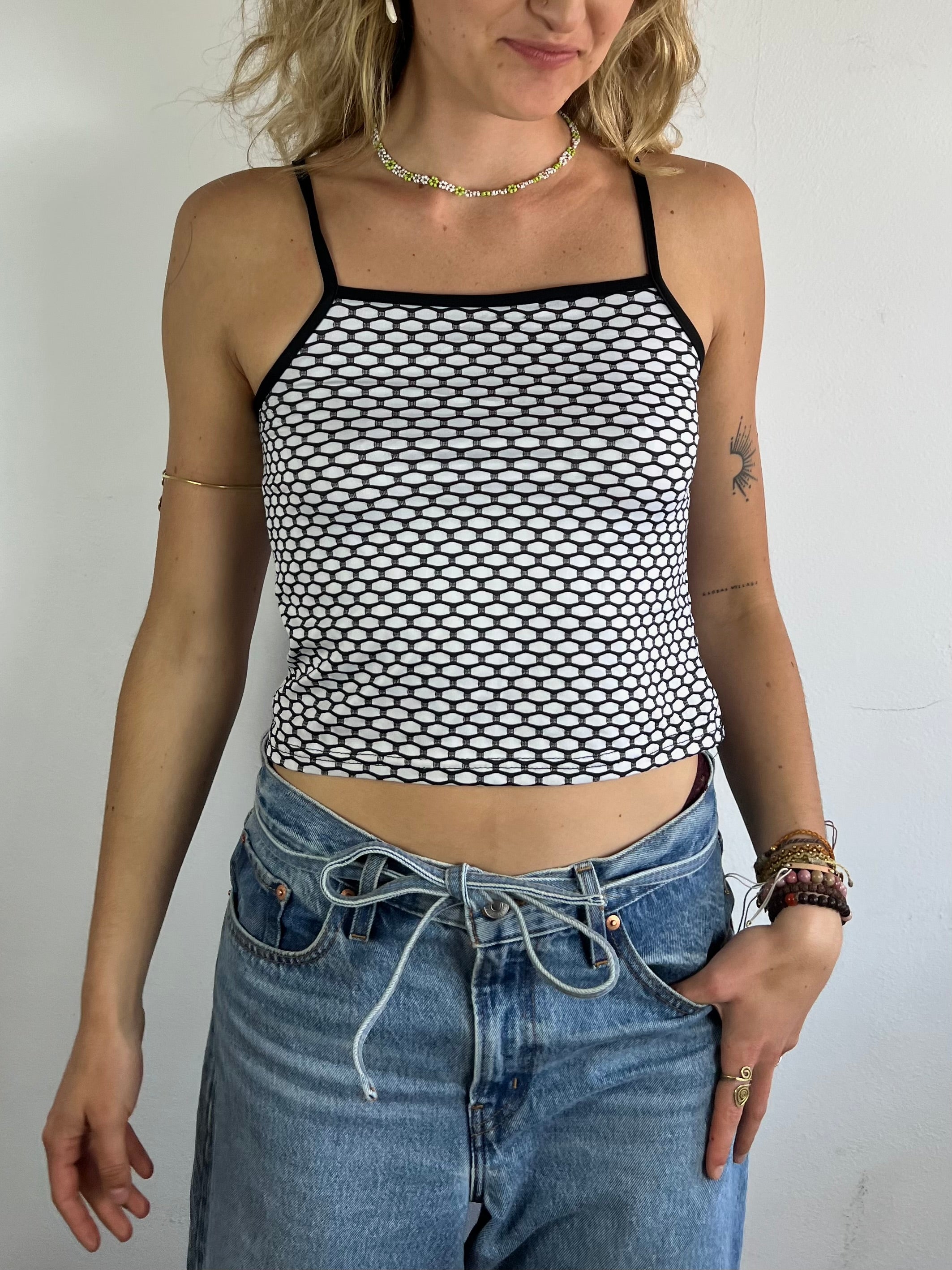 Top Shirt Summer Spaghetti Top Black White Slim Fit – S