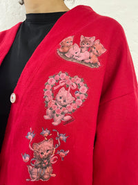 Vintage Cardigan Red with Cat Motifs Made in USA – L