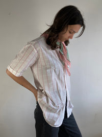 Shirt Vintage Petrocelli Striped Summer Short Sleeve Button-Up White Pink Unisex – M/L