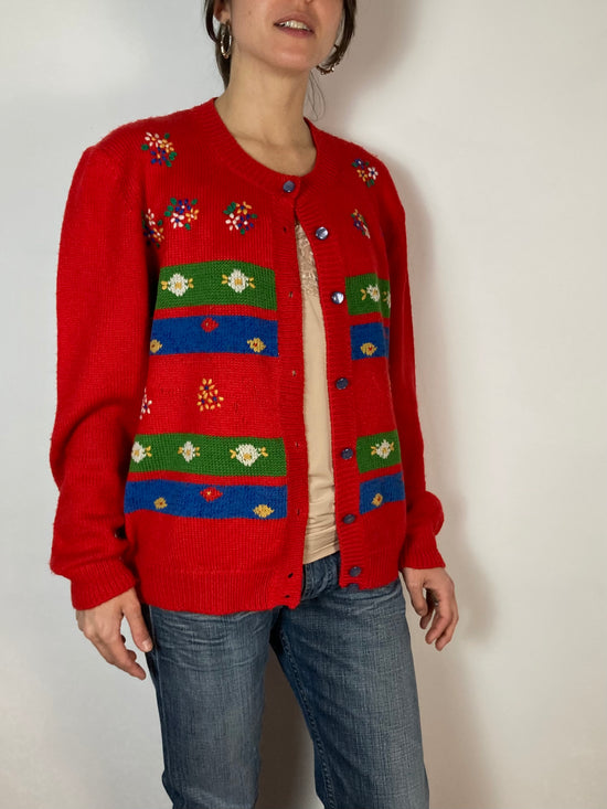 Cardigan Vintage Pattern Front Red Oversized Long Sleeve Women Jacket – M