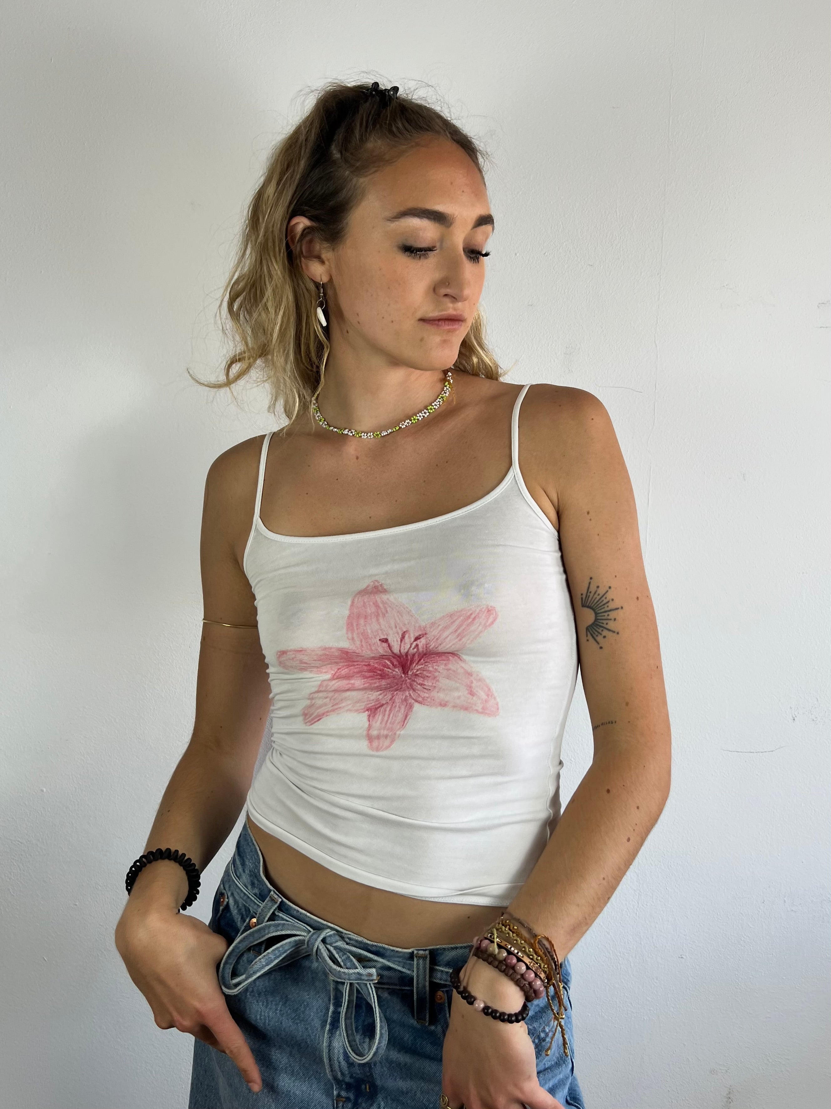 Spaghetti Top Vintage Amisu Floral Print White Cream – XXS (fits like S)