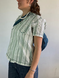 Shirt Vintage Green White Striped Short Sleeve Collar Women – S