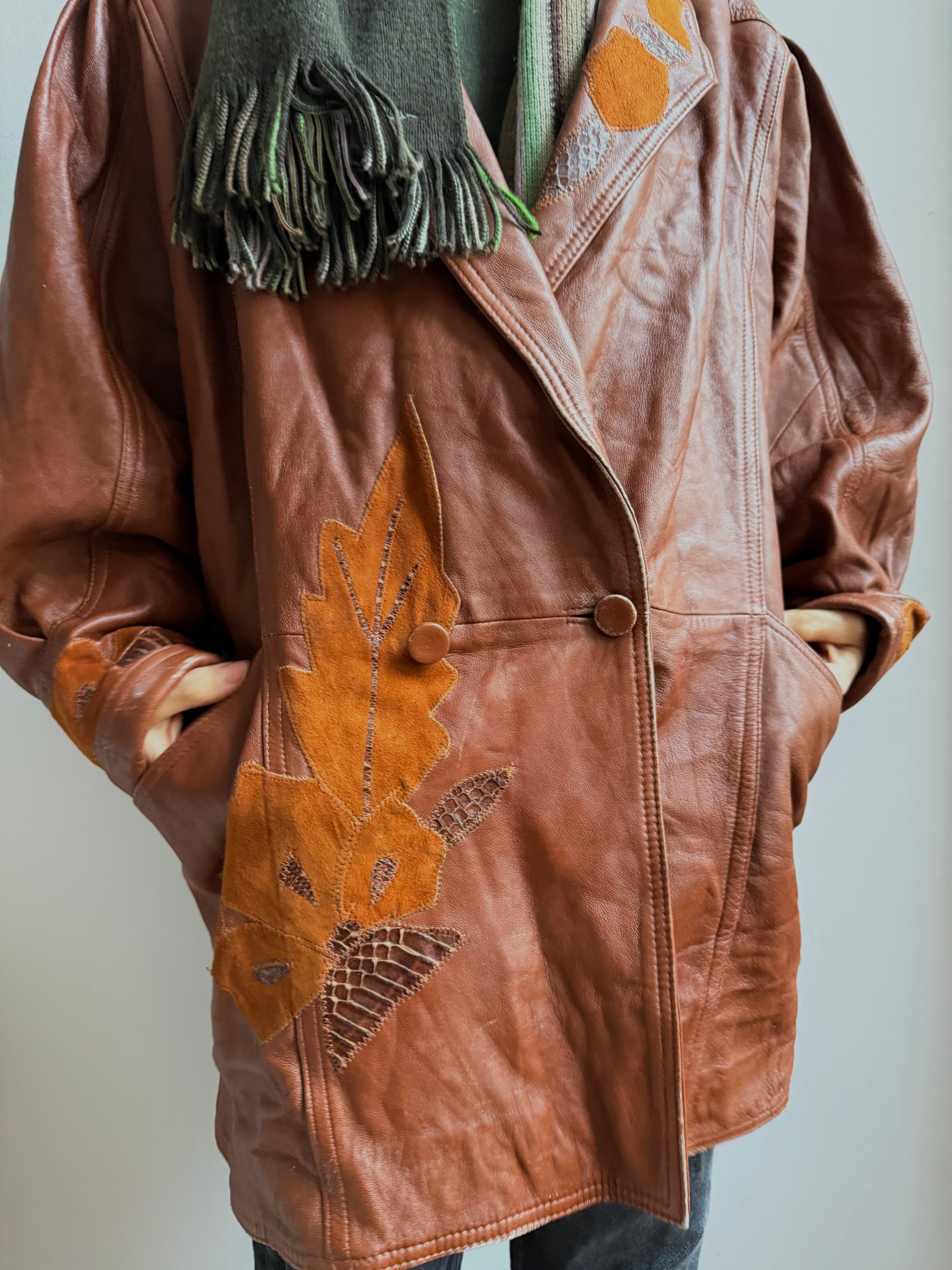 Vintage Leatherjacket with Puffed Sleeves Brown Unisex - M