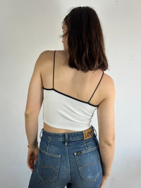 Spaghetti Top Vintage Cropped Love Affair Print White Cream – M