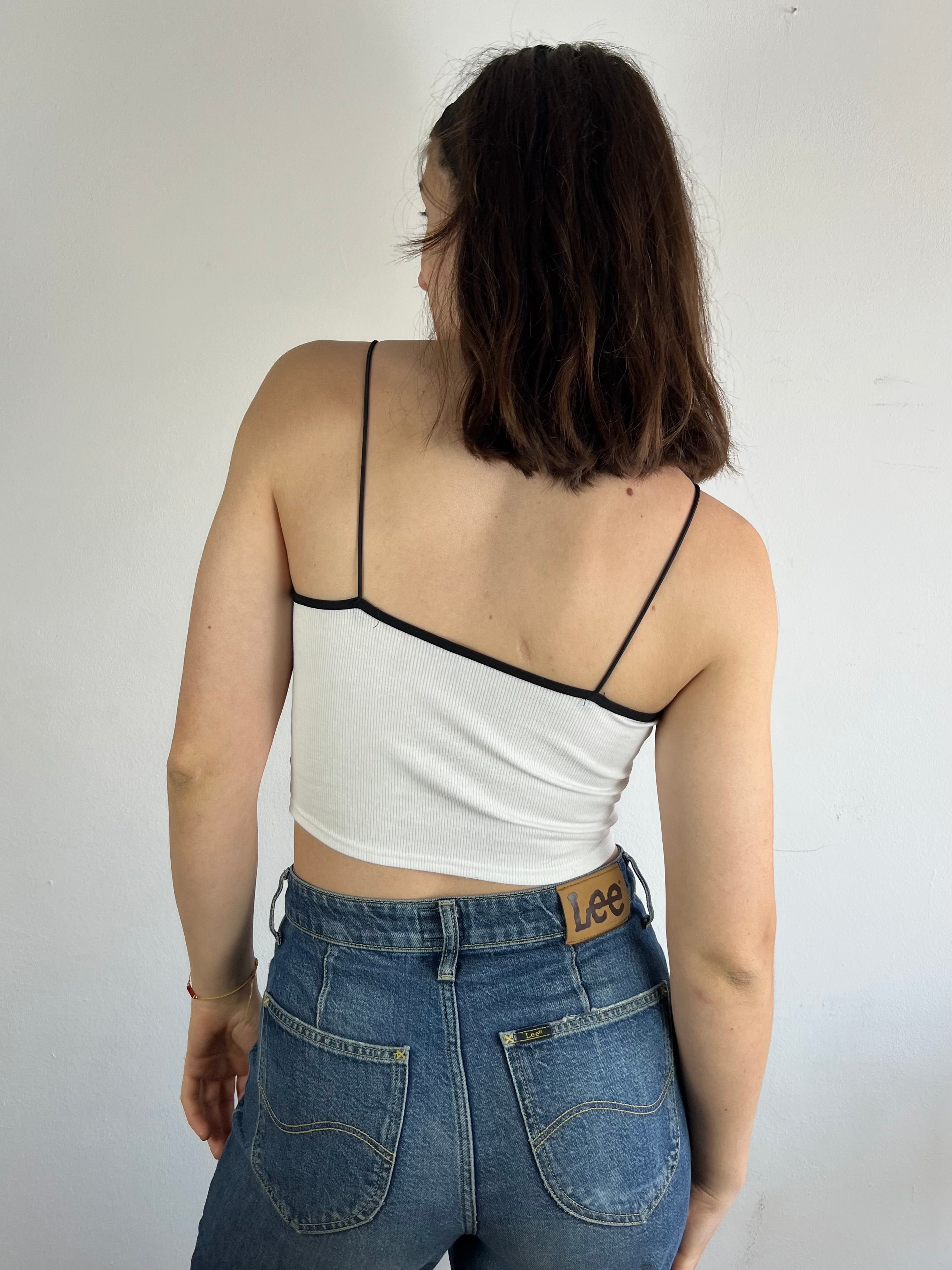 Spaghetti Top Vintage Cropped Love Affair Print White Cream – M