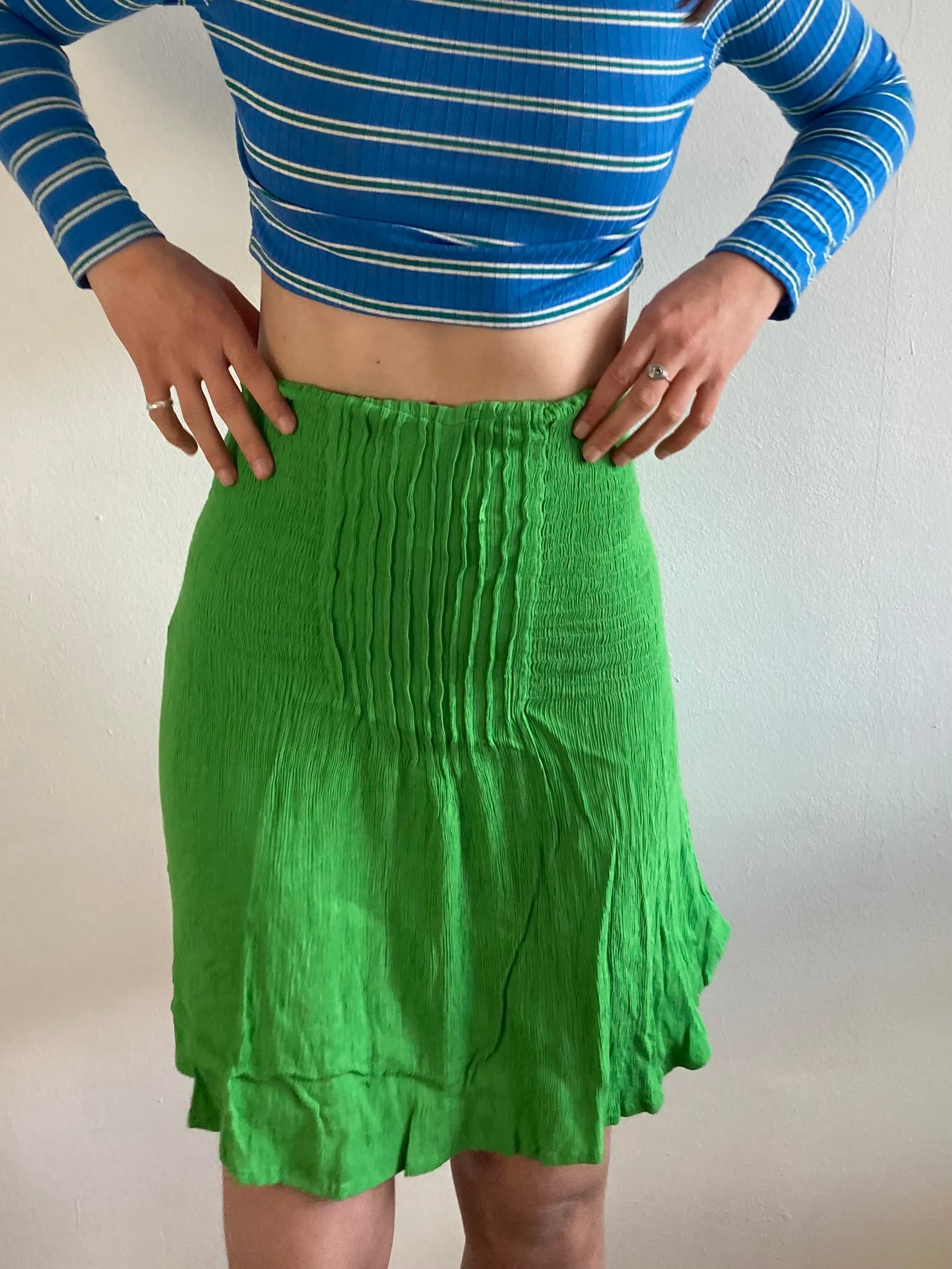Vintage Skirt Grunge Green Patterned Elastic Waist Flared Hem – M