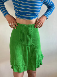 Vintage Skirt Grunge Green Patterned Elastic Waist Flared Hem – M