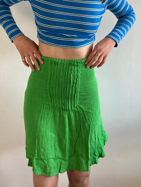 Vintage Skirt Grunge Green Patterned Elastic Waist Flared Hem – M
