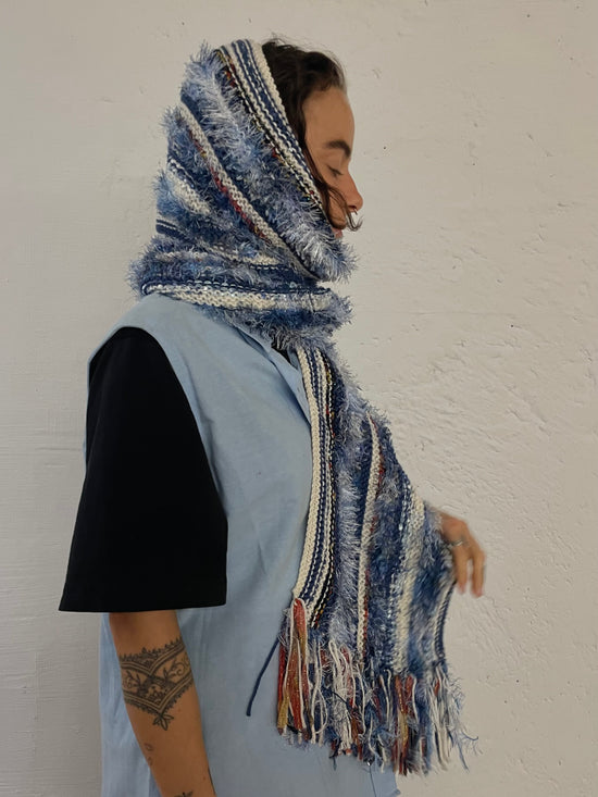 Vintage Fluffy Scarf Extra Long Blue & White – One Size