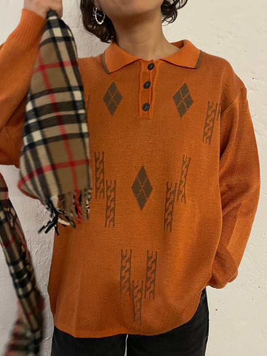 Vintage Orange Long Sleeve Polo Sweater Oversized Unisex – M/L