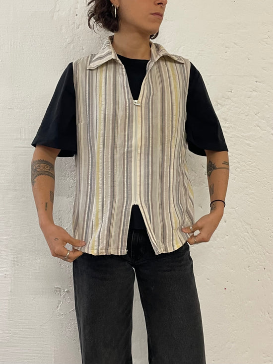 Striped Sleeveless Zip Vest Collared Yellow/Grey/White Unisex – L