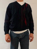 Vintage Wool V-Neck Pullover Black & Green Unisex– L