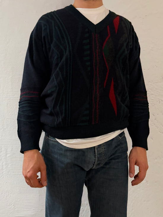 Vintage Wool V-Neck Pullover Black & Green Unisex– L