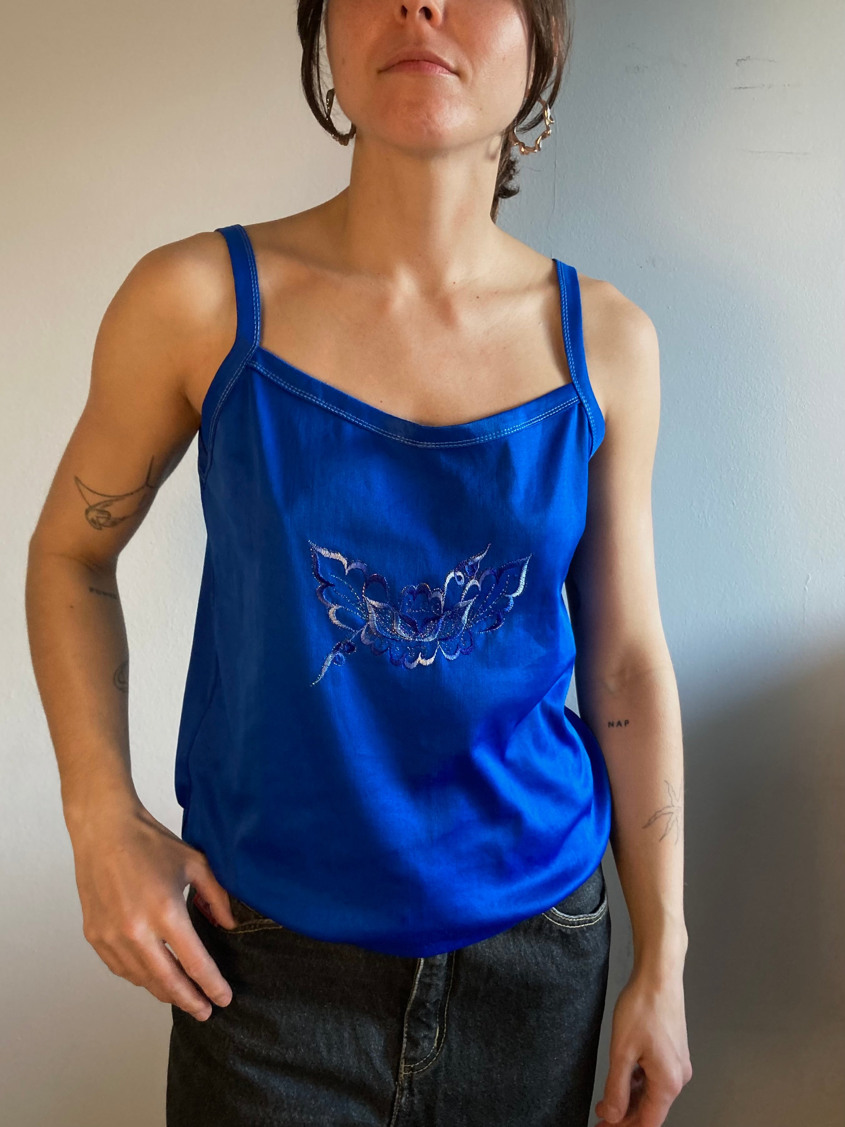Top Vintage Y2K Spaghetti Strap Top Blue Glitter Pattern Women – M