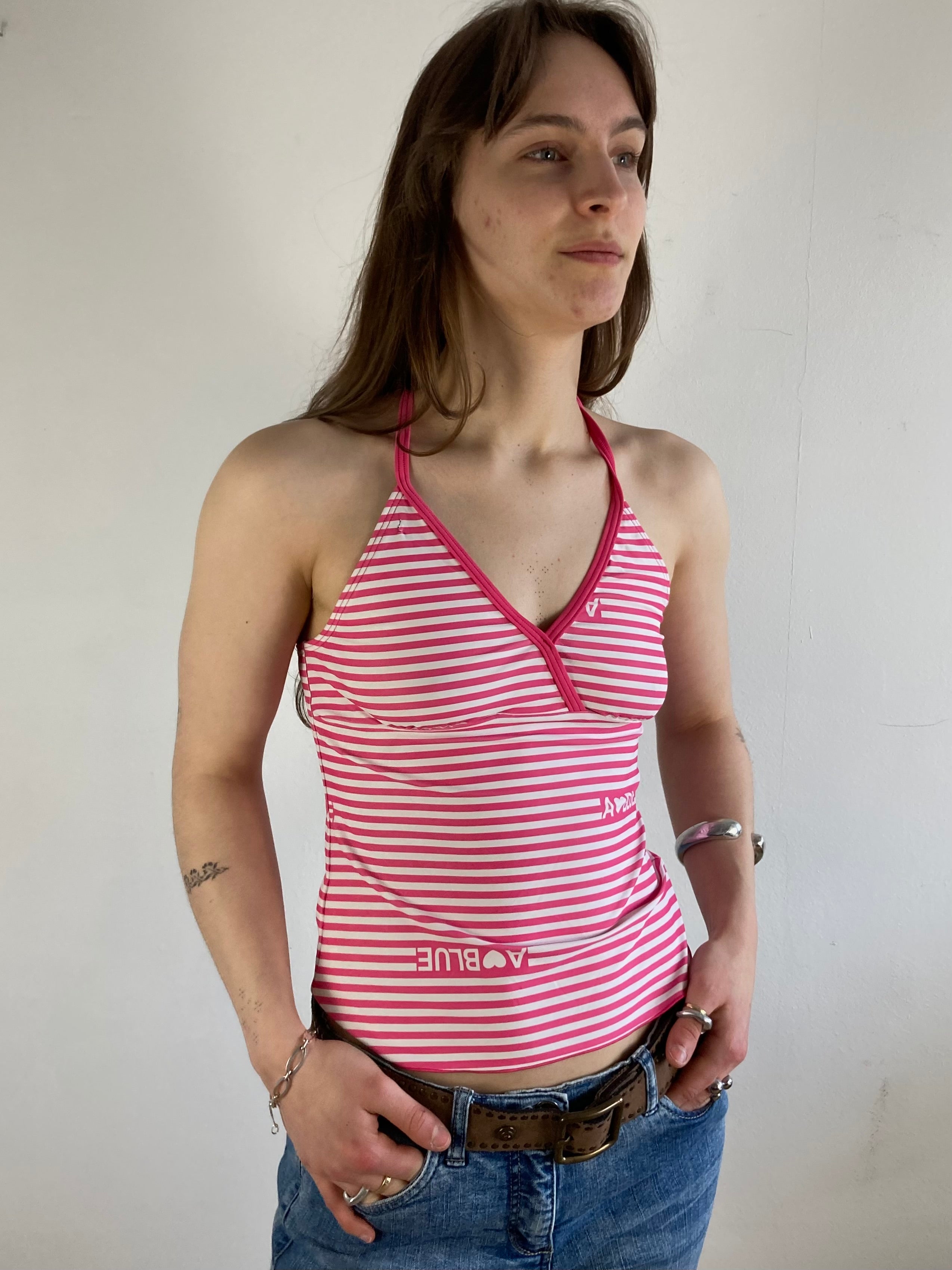 Top Vintage Front Print  Summer White Pink Elastic Slim Fit Women – S
