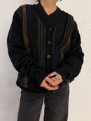 Vintage Wool Cardigan Brown Stripe Details Unisex – L