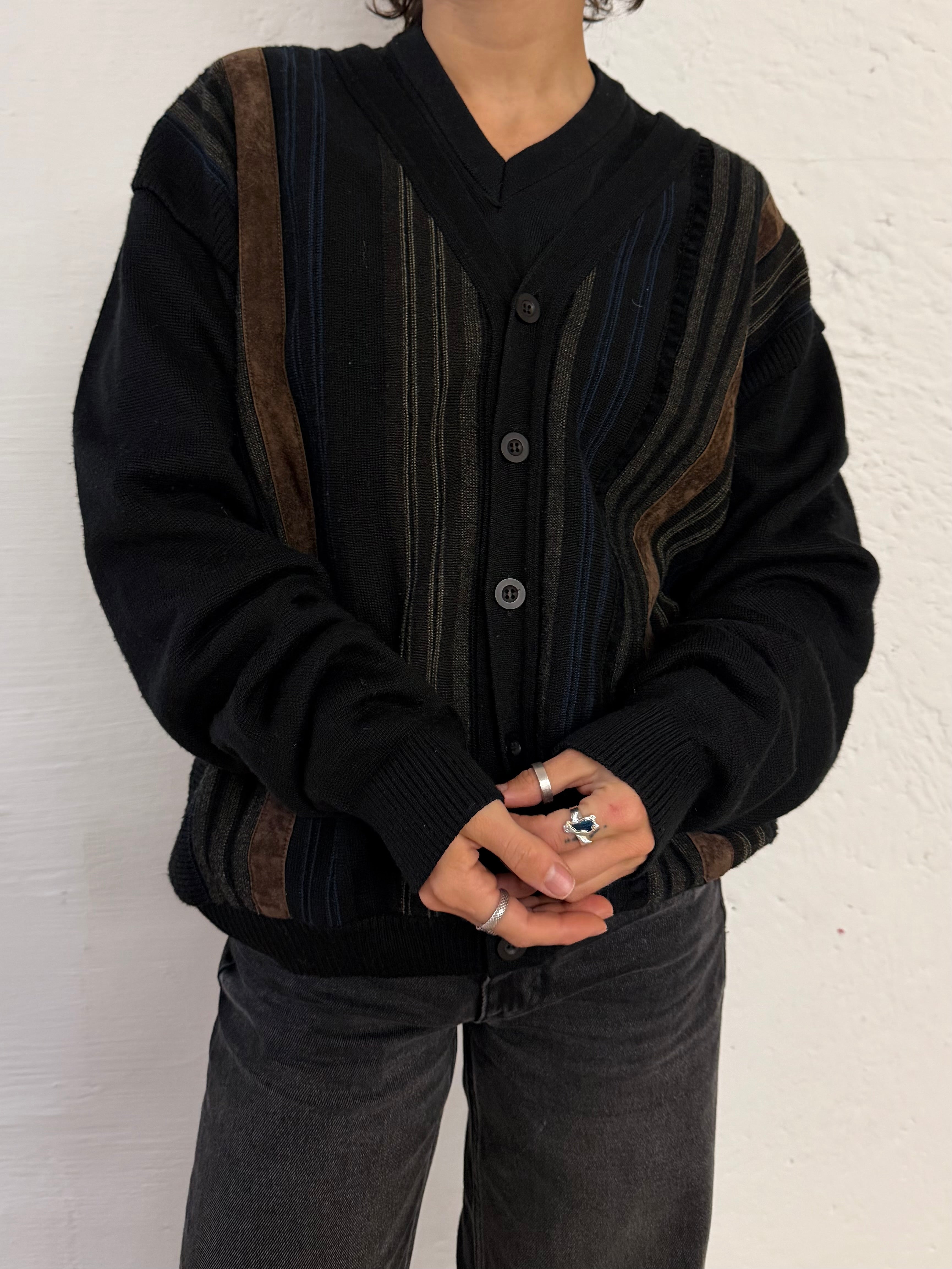 Vintage Wool Cardigan Brown Stripe Details Unisex – L