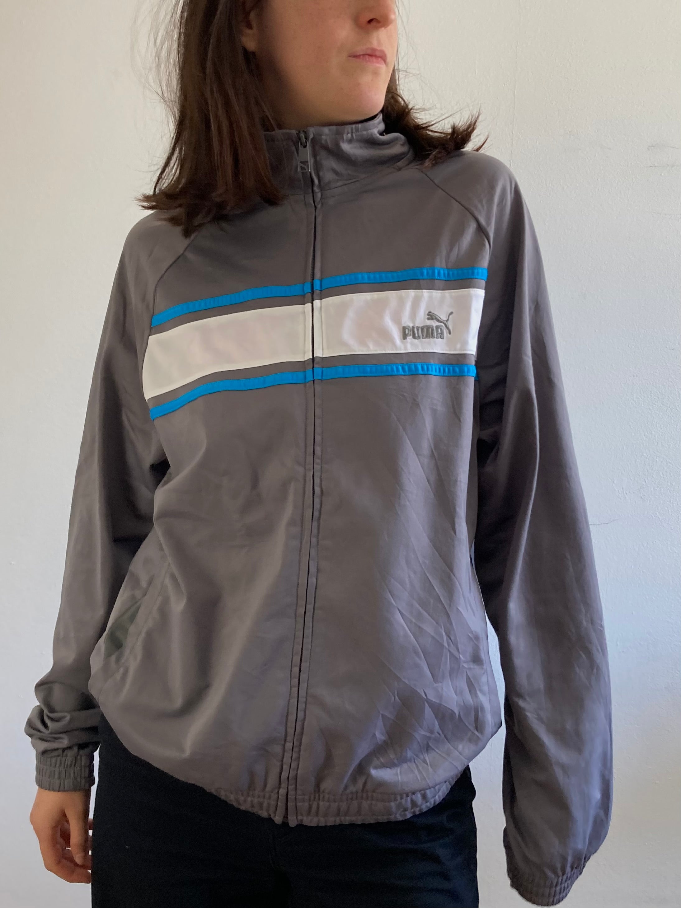 Track Jacket Vintage Y2K Puma Grey Blue Logo Unisex – L