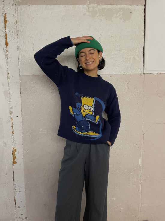 Vintage Bart Simpson Snowflake Pullover Graphic Knit Blue – S/M