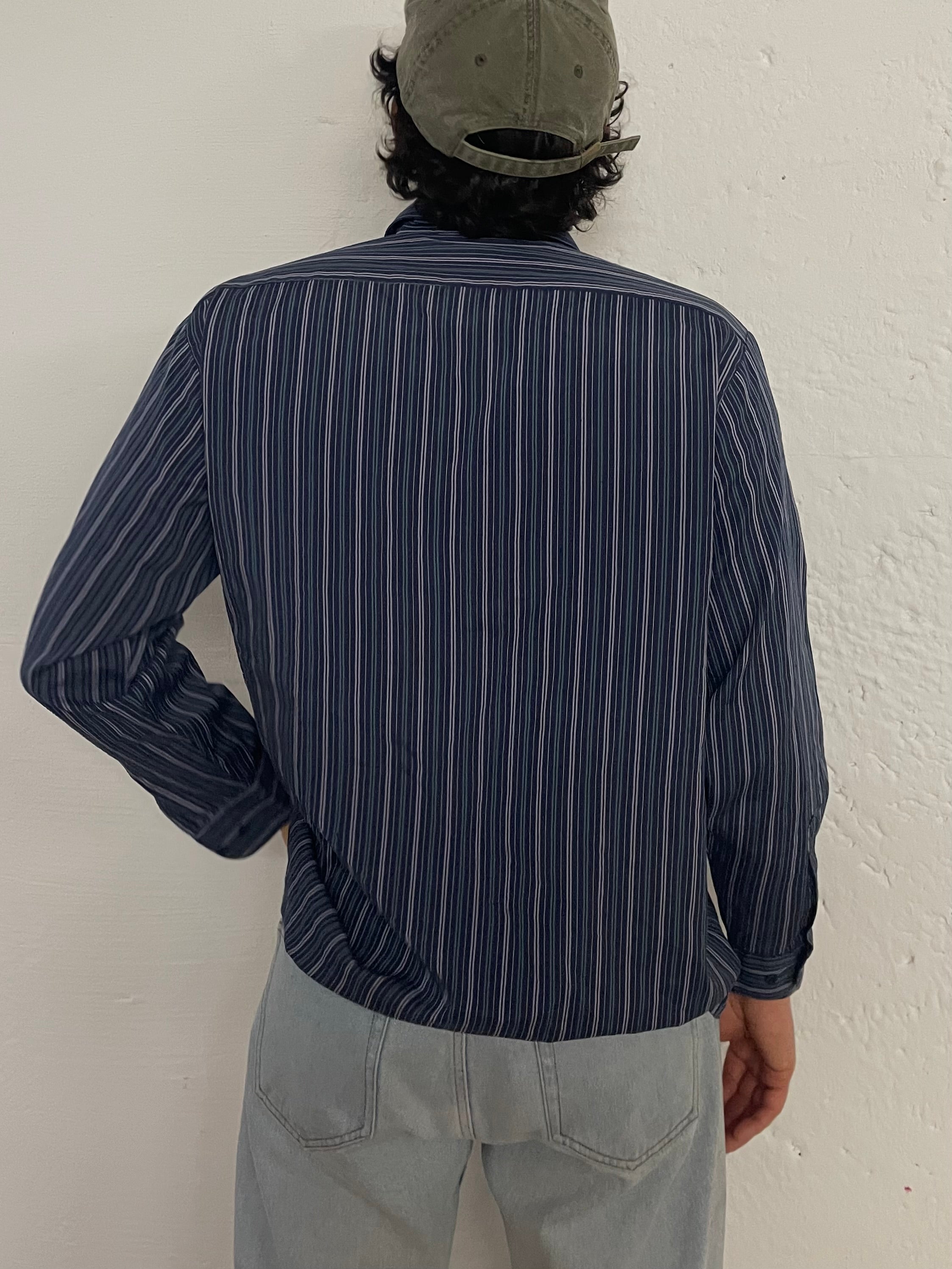 Vintage Yeshi Shirt Long Sleeve Blue Striped – L