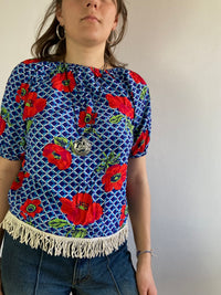 Top Vintage Blue Red Floral Shoulder Cotton-Blend Women – S