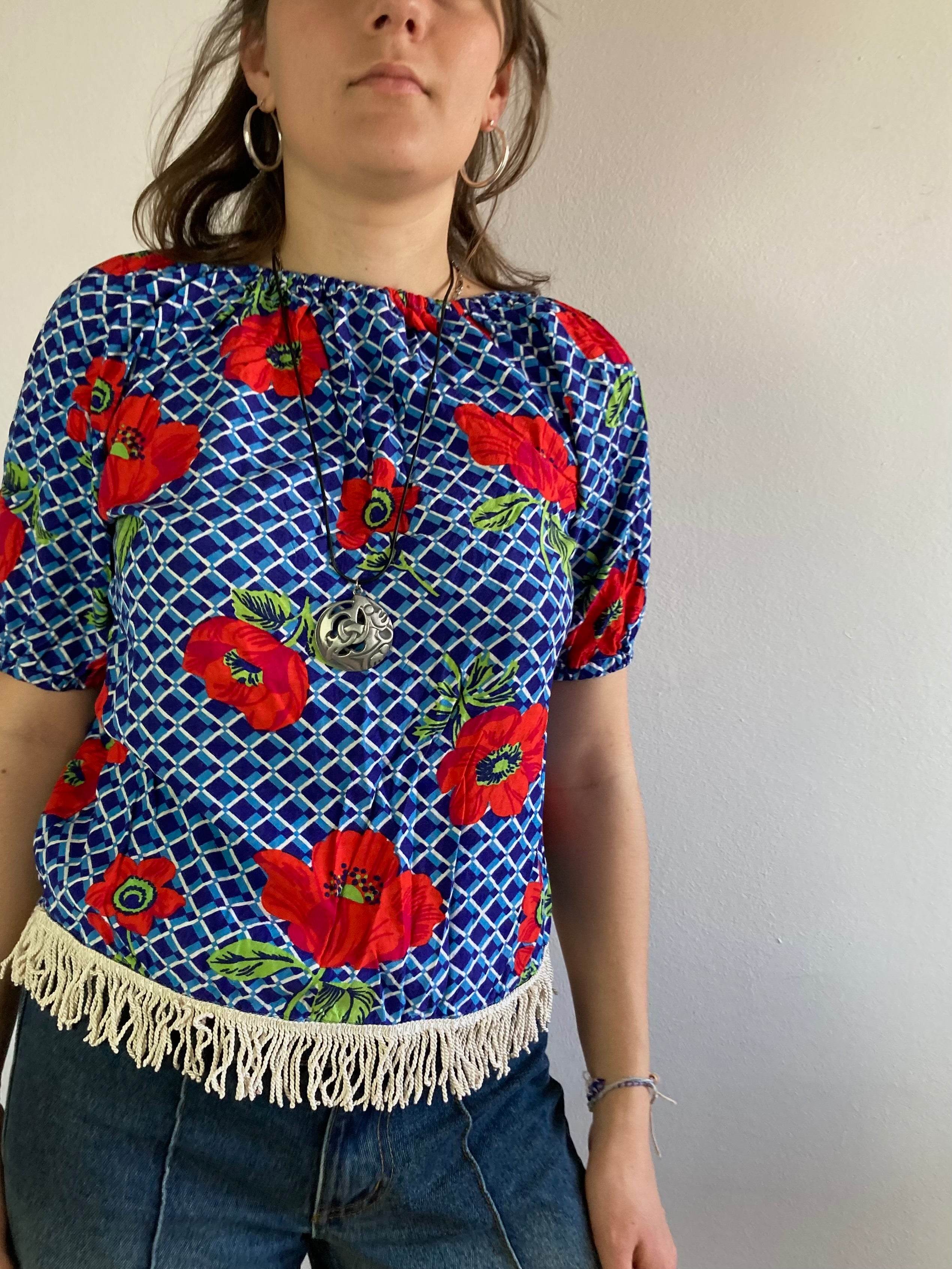 Top Vintage Blue Red Floral Shoulder Cotton-Blend Women – S